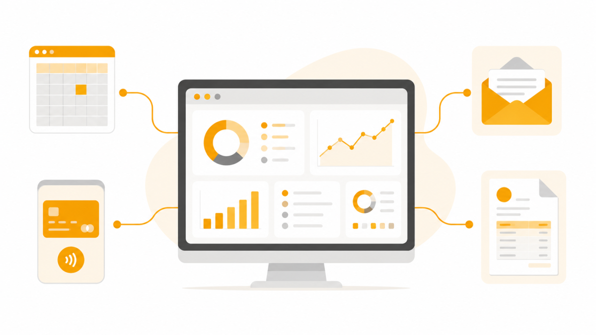 Scattered business tools and elements around a computer